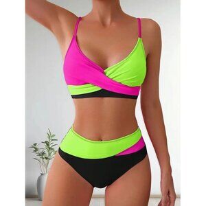 Women's Split Swimwear Color Block Cross-Back Bikini Swimsuit Size M NWOT